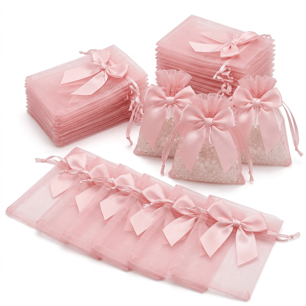 TEMU 24/48pcs Bolsas de Regalo de Organza Rosa Transparente, Bolsas con Cordón de Malla Rosa con de Cinta de Satén Grande, Elegantes Bolsas de