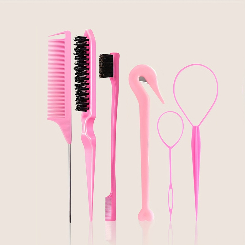 TEMU 6피스 헤어 빗 세트, 헤어 테일 도구, 엣지 브러시, 브러시, 뾰족한 테일 빗, 스타일링 브러시, 헤어스타일 디자인 및 청소, 티징 브러시, 마우스 테일 빗, 브레이드 링, 헤어 액세서리, 헤어 브레이딩 도구