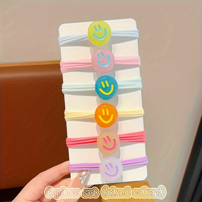 E-shop 6 Stück Happy Face Haarbänder – Schonende Elastische Pferdeschwanzhalter mit süßem -Gesicht-Design, Weiche Stofffarben in Candy- (Weiß, Rosa,