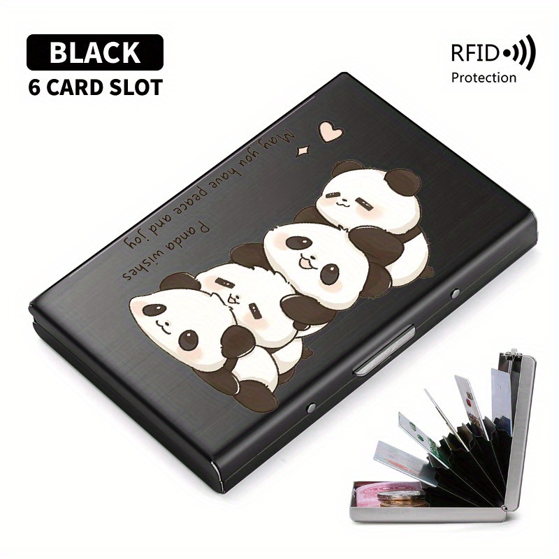 TEMU Quatre Pandas Empilés, Motif Porte-Carte Antivol RFID en Acier Inoxydable Haut de Gamme pour Hommes - Portefeuille Élégant en Métal Noir, de