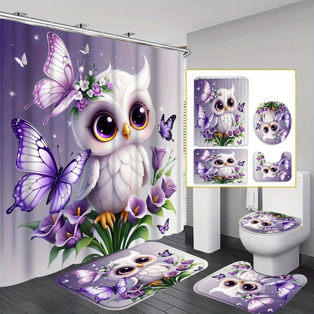 

Owl 1/4pcs Pattern Shower Curtain Set, Shower Curtain, Bathroom Carpet, U-shaped Mat, , Bathroom Decoration 12 , For