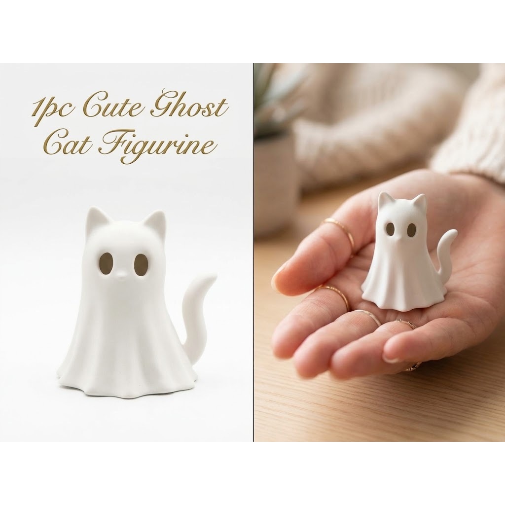 TEMU 1pc Cute Cat Figurine, White Halloween Kitten Statue, Spooky Tabletop Animal Sculpture Ornament For Bookshelf, Office Desk & Fall Home Decor