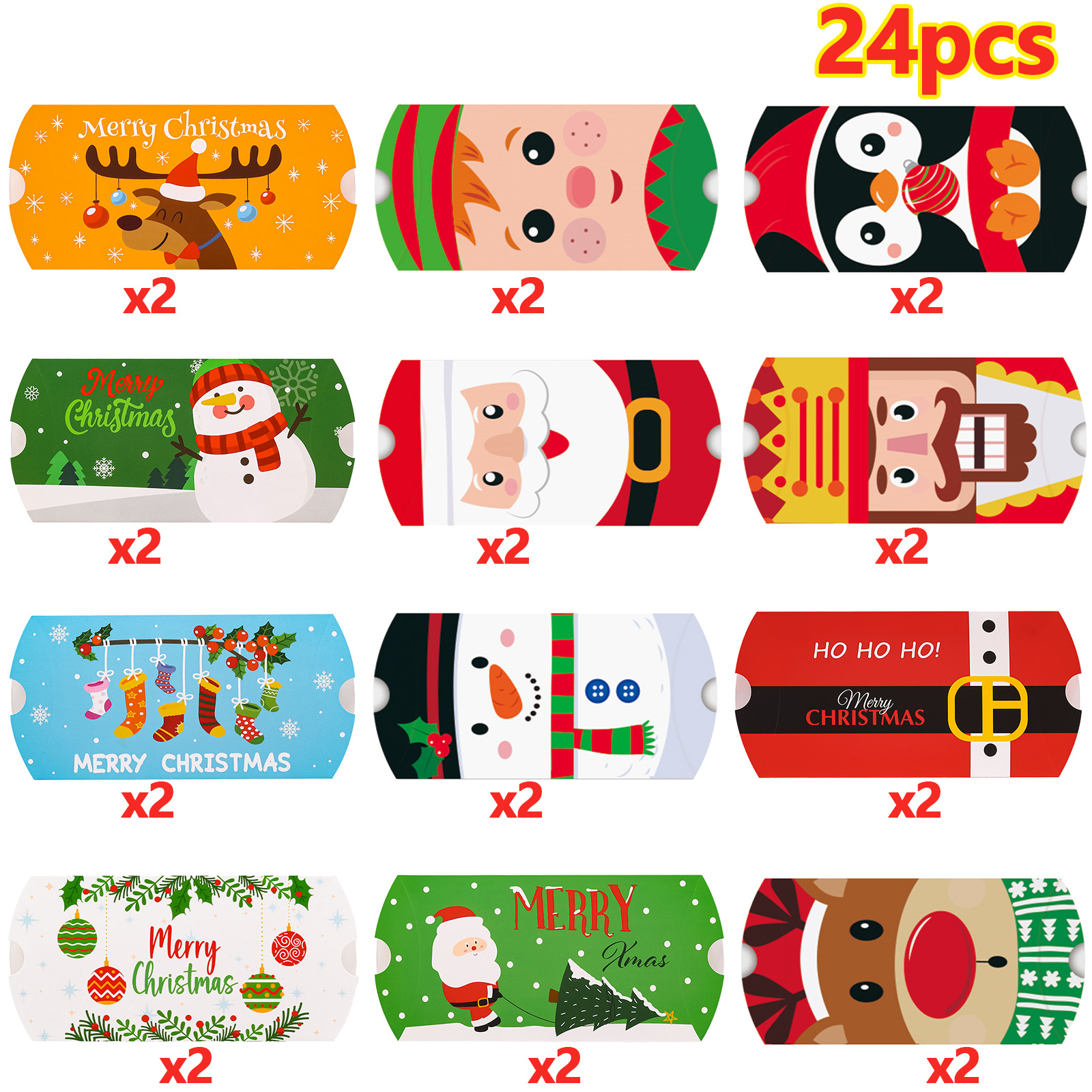Image of 24pcs Merry Christmas Pillow Gift Box Packaging Set, Santa Claus Snowman Reindeer Penguin Nutcracker Pattern Small Gift Boxes, Suitable For Christmas Parties And New Year Gift Wrapping