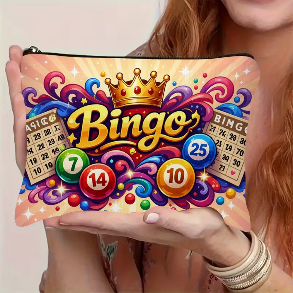 TEMU Vibrant Bingo Game Print Makeup Bag, Durable Polyester Cosmetic Pouch With , Colorful Bingo Cards And Numbered Balls Pattern, 22cm X 15cm / 8.7
