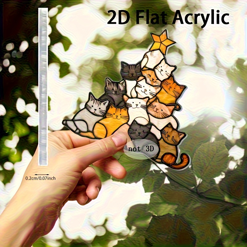 TEMU 2d Flat, 2d Flat Print, 1pc Cat Sun Catcher - Christmas Tree Shaped Window Hanging Ornament With 8 Colorful Cats, No Power Required, Durable
