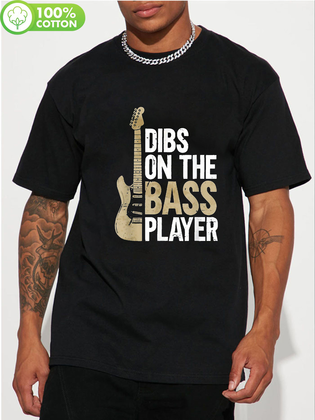 item picture     player graphic t shirt empowering y2k retro design 100 regular fit round neck tee for men   gift for dad casual vintage style black with white golden lettering   guitar gifts   apparel