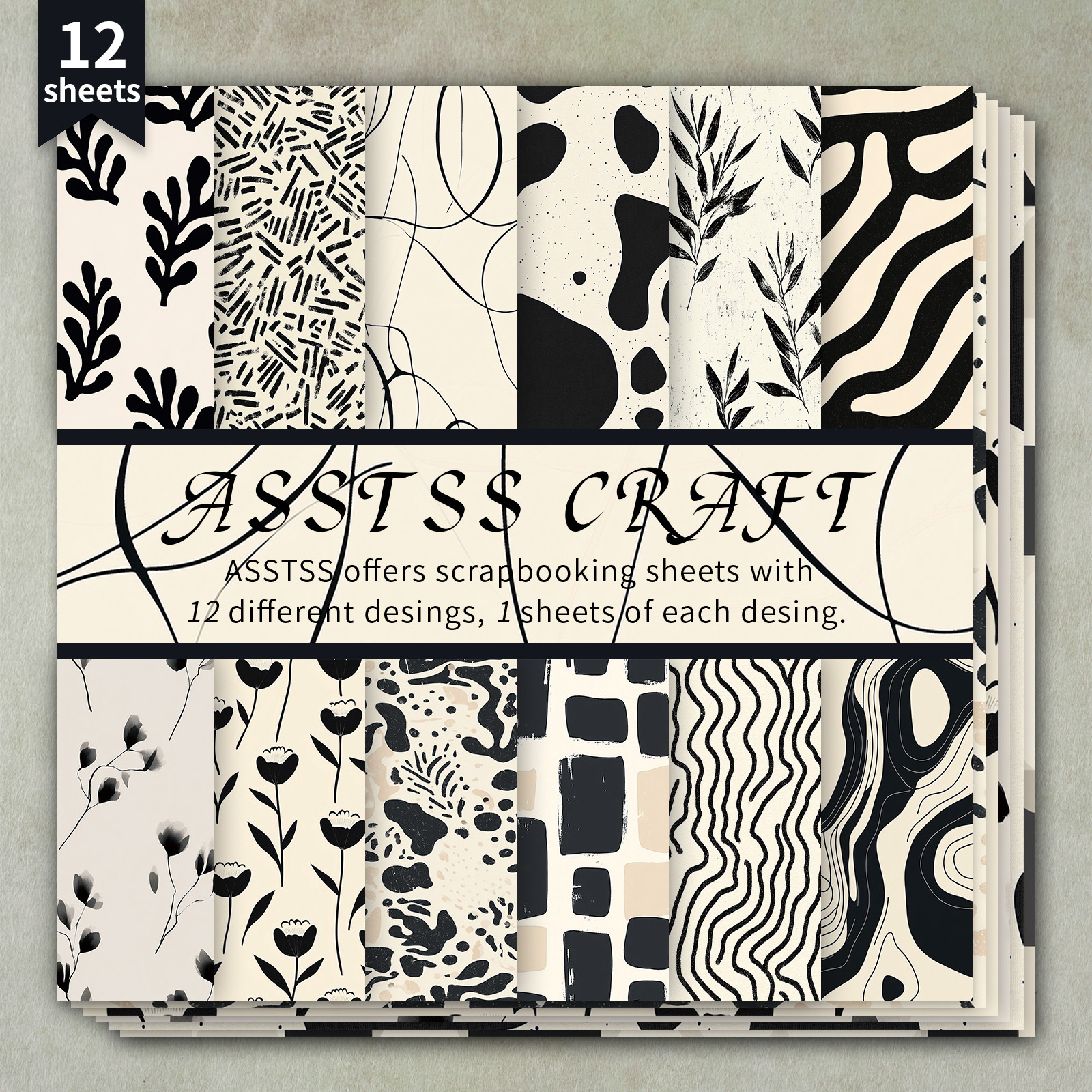 TEMU 12-sheet Asstss Scrapbooking Paper Pad, Featuring Minimalist Monochrome Abstract Art Backing Paper Supplies, Heavyweight Cardstock Suitable For