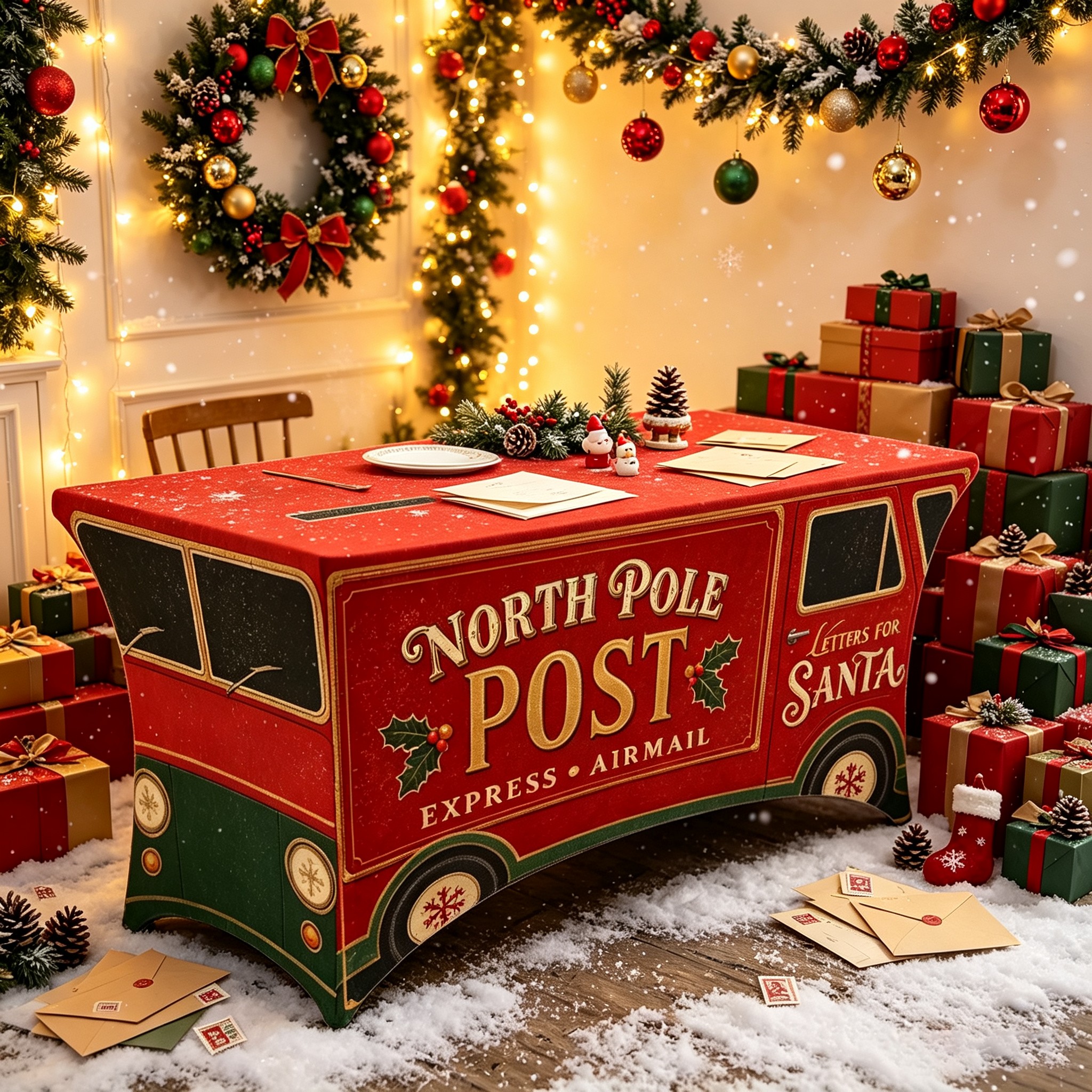 TEMU 1pc Elastic Fitted Rectangular Tablecloth Suitable For Party, Christmas Table Cover With North Pole Post Letters & Santa Pattern, Machine-made