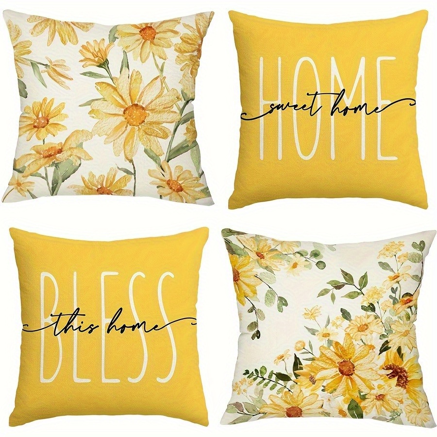 TEMU 4 - Piece Set Yellow Daisy Home Single - Sided Printed Pillowcases, In Warm And , Home Decor Sofa Pillowcases, Square Polyester Pillowcases,