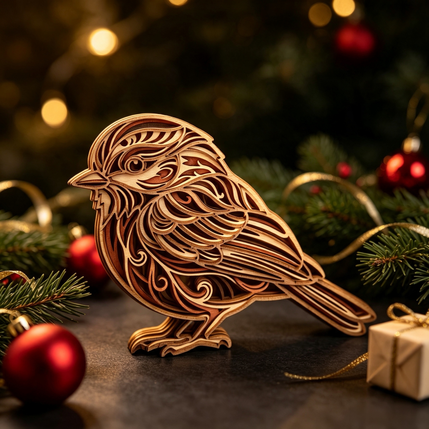 TEMU Rustic 5-layer Robin Bird Wood Collectible Figurines, 3d Layered Swirl Pattern Wooden Tabletop Ornament, Bird-themed Holiday Christmas Gift