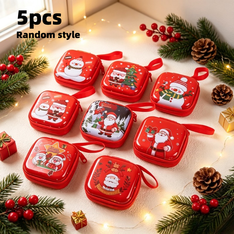 TEMU 5-pack Christmas Cartoon Zippered Small Pouches, Random Styles With Santa Claus And Snowman Prints, Coin Purses, Portable Pouches For Earphones