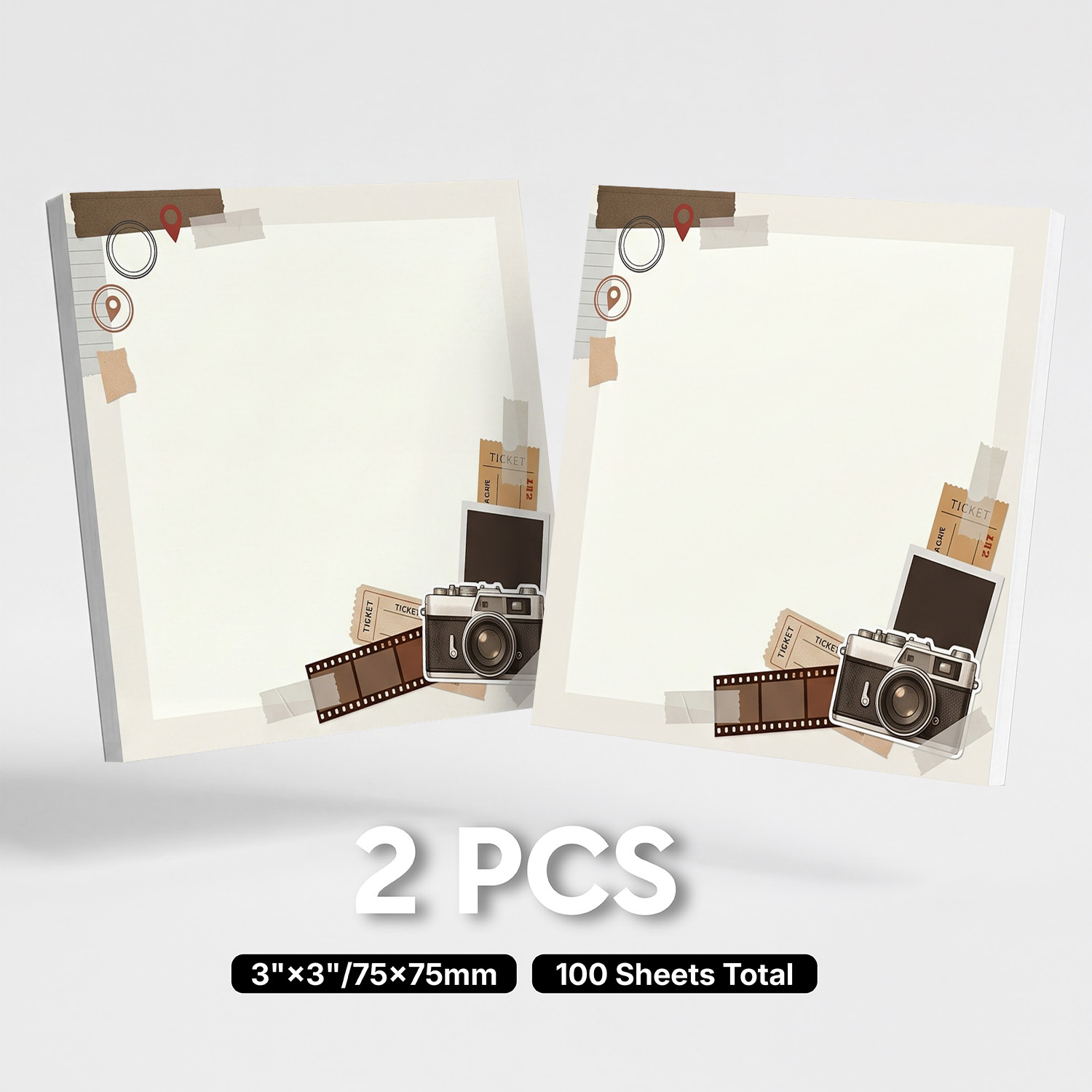 TEMU 2pcs (100 Sheets Total) Vintage Camera Sticky Notes Suitable For Planner, Travel Journal, To-do List - Self-adhesive Removable Film Ticket Memo