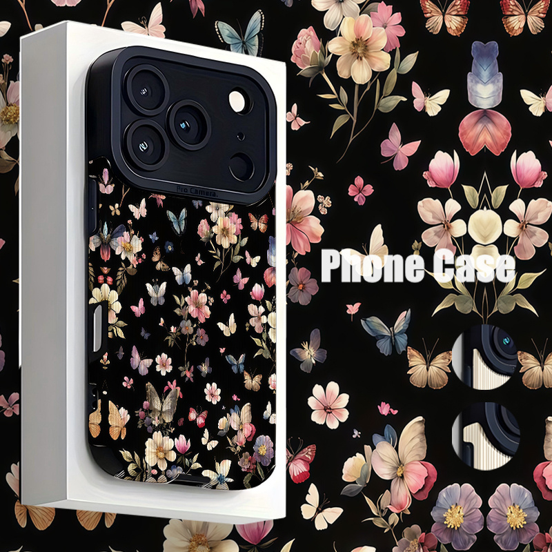 TEMU Phone Case - A Floral Design On A Black Background, Suitable For Couples, Artistic And Vintage Phone Case For Iphone Including 17, 16, 15, 14,