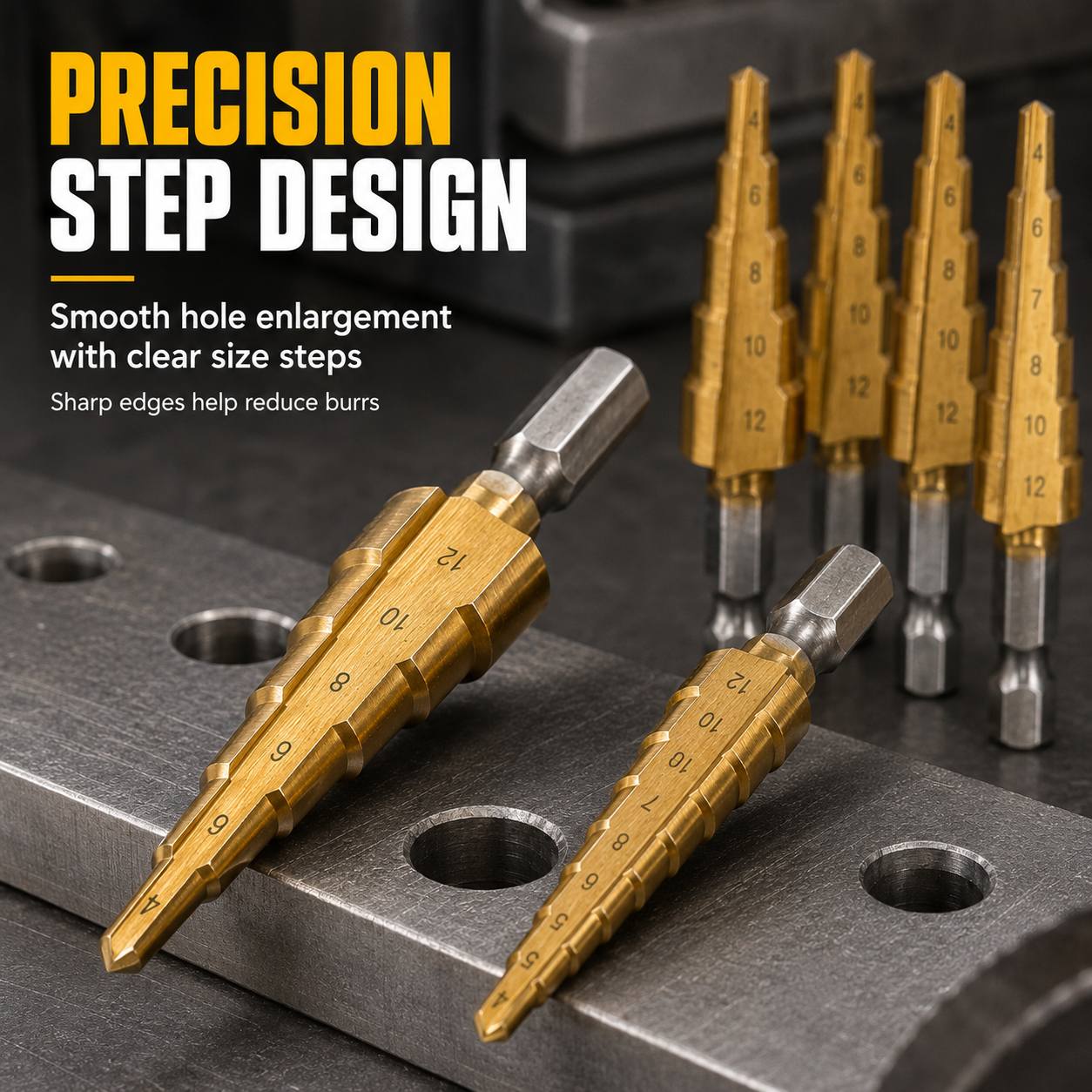 TEMU 6pcs Complete Step Drill Bit Set, Tapered Bits Drilling And Reaming, Works On Metal, Wood, Pvc, And Acrylic, , Handicrafts, And Various Small