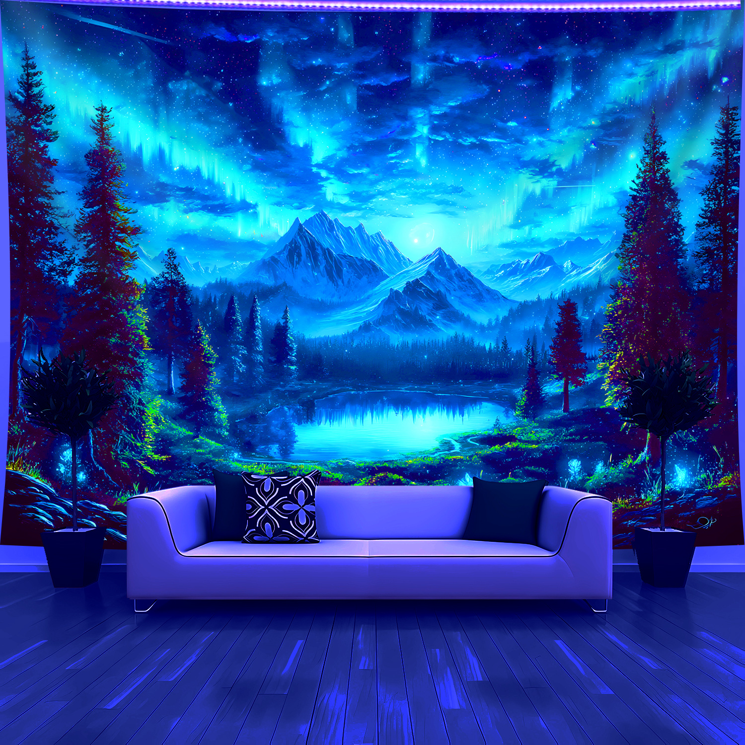 Fluorescent Uv Light Starry Sky Landscape Tapestry Wall Decor_voghion.com