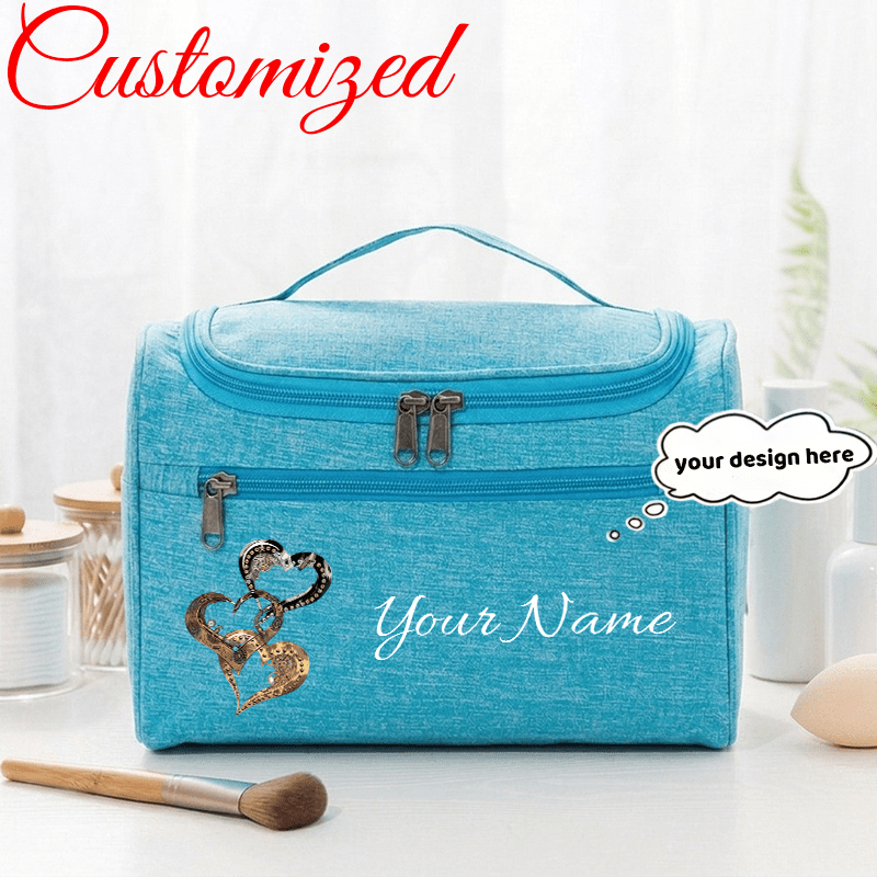 TEMU Personalized Couple's Name Toiletry Bag - Custom Interlocking Organizer With Large Capacity Multi-pocket Suitable For Shaving & Personal Care