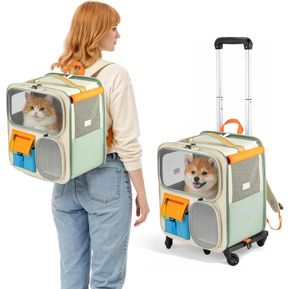 Image of 2-in-1 Pet Backpack With Wheels, Foldable Carrier Bag For Cats And Dogs, Trolley Carrier Bag Made Of Oxford Fabric With Detachable Telescopic Handle, Up To 12.5 Kg