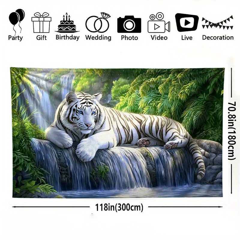 TEMU 1pc Of A Large White Tiger Waterfall Tapestry Featuring A Animal Design, Made Of Polyester. This Wall Hanging Is Suitable For Living Rooms,