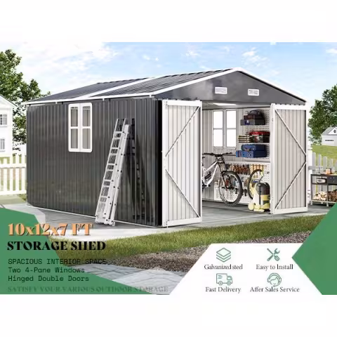10x12x7 ft galvanized steel storage shed with 2 4 windows hinged outdoor shed for backyard garden patio Product details 0