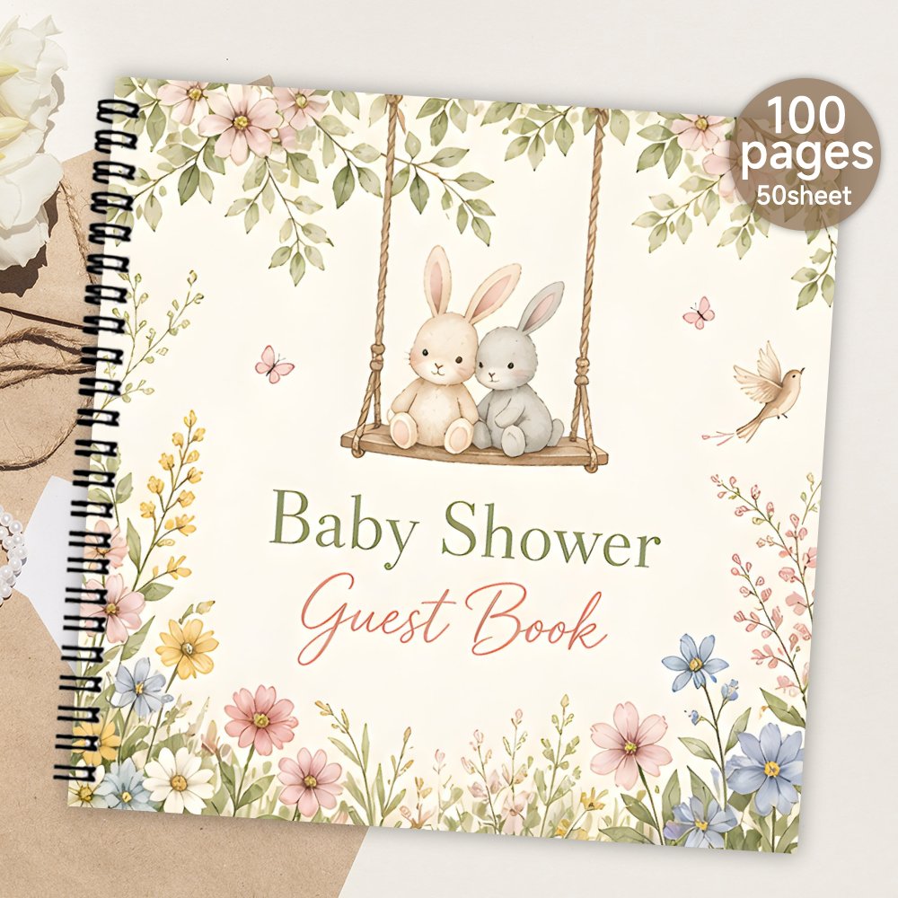 TEMU 1pc Spiral Guestbook, Blank Page Baby Shower Guest Book Guest Sign In Message Signature Book Floral Bunny Souvenir Memory Album Meaningful Gift