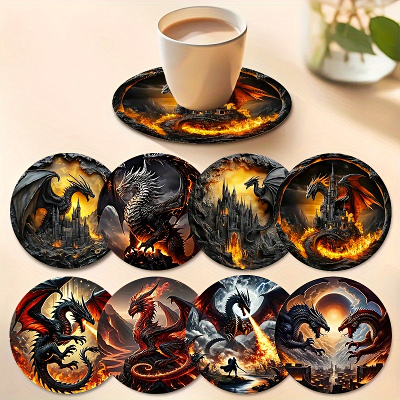 TEMU 8pcs Vintage Dragon-themed Wooden Coasters - Heat-resistant Decorative Mats With Intricate Fire & Castle Designs, Home, Restaurant, Or Gift For