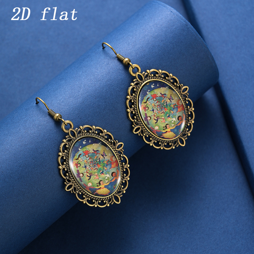 Oval Lace Framed Time Gem Glass Inlay Earrings, Ideal Gift