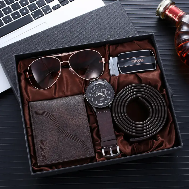 1pc 4pcs mens gift set quartz watch leather belt fashion glasses leather wallet electronic alloy case battery powered elegant gift box for any occasion Product details 0