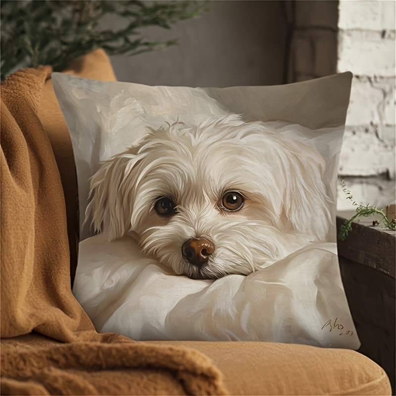 TEMU 1pc Maltese Dog Pillow Cover Suitable For Valentine's Day And Easter Decorations - Beige & White Cover With Zipper Closure, Machine Washable, No