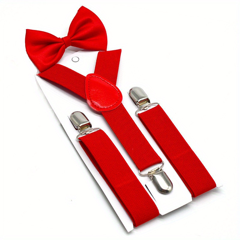 TEMU Unisex Suspenders And Bow Tie Set, Durable Woven 3-clip Y-back Braces For Men And Women, Adjustable Pants Straps For School Uniforms, Casual