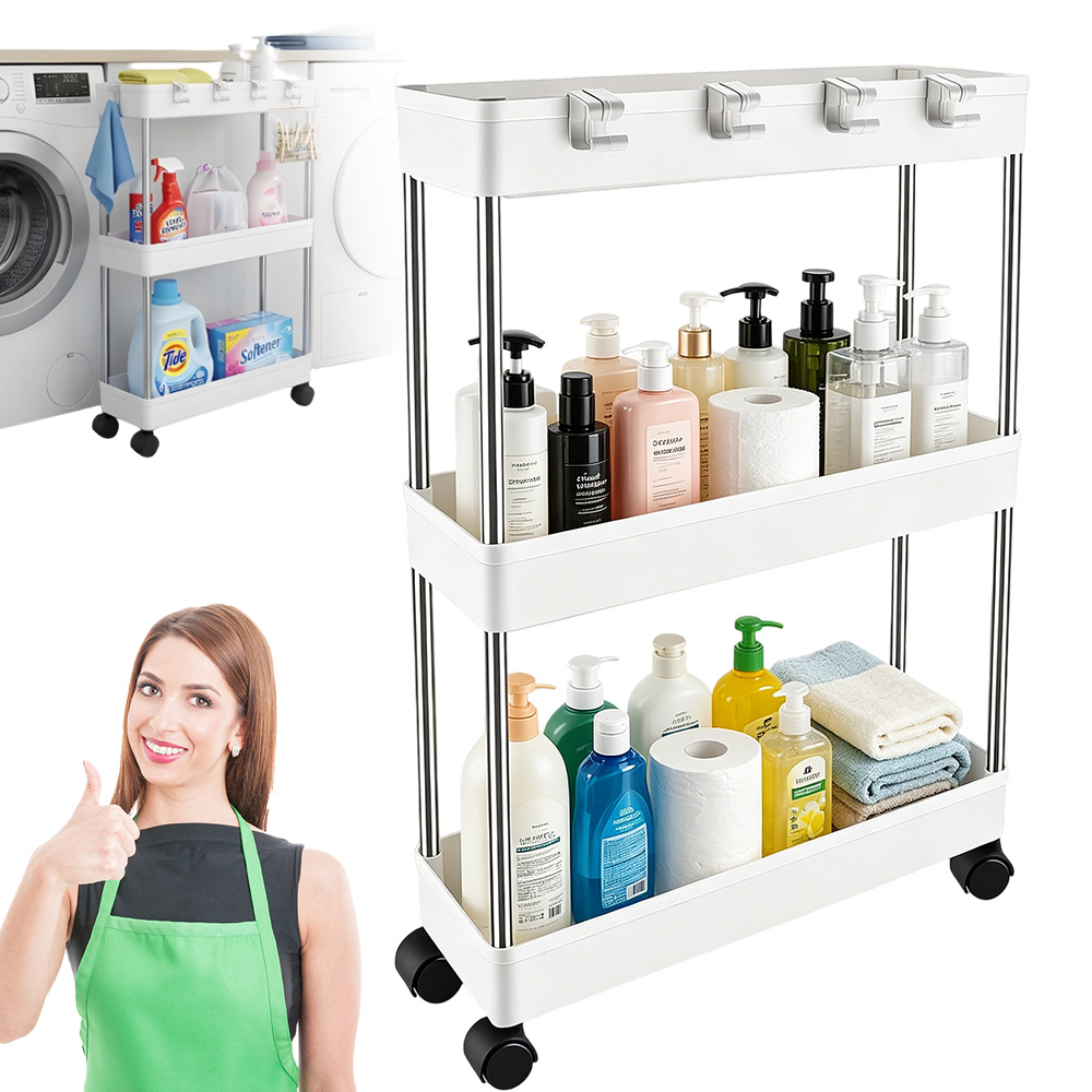 Storage Rack, Freestanding Standing Shelf With 6 Hooks, 3-tier Rolling Organizer Shelf, Sturdy Carbon Steel Bracket Shelf For Living Room, Kitchen, Bathroom, Office