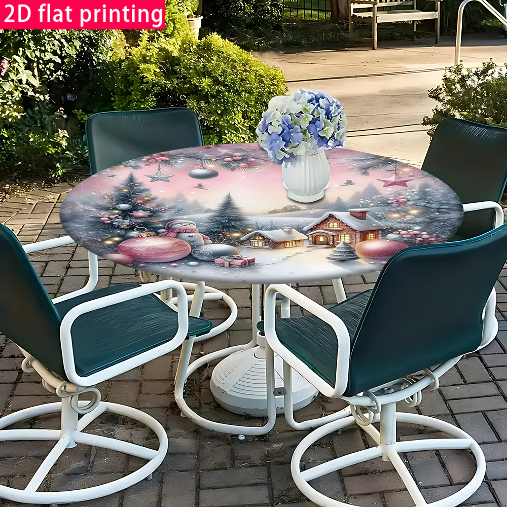 TEMU 2d Christmas Bauble And Snowman Pattern Elastic Round Tablecloth, Washable, Suitable For , Ideal For Home Kitchens, Dining Rooms, Hotels,