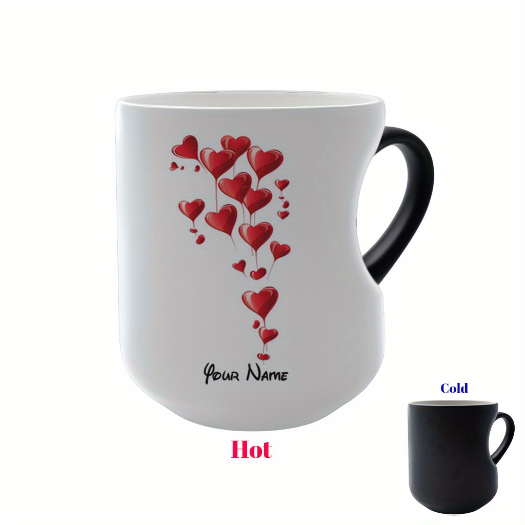 Image of Custom Name Heart-shaped Changing Ceramic Mug With Black - Thermosensitive From Hot To Cold Drinks, Perfect Mother's Day Or Holiday Gift, White With Red Hearts, Reusable, Hand Wash Only