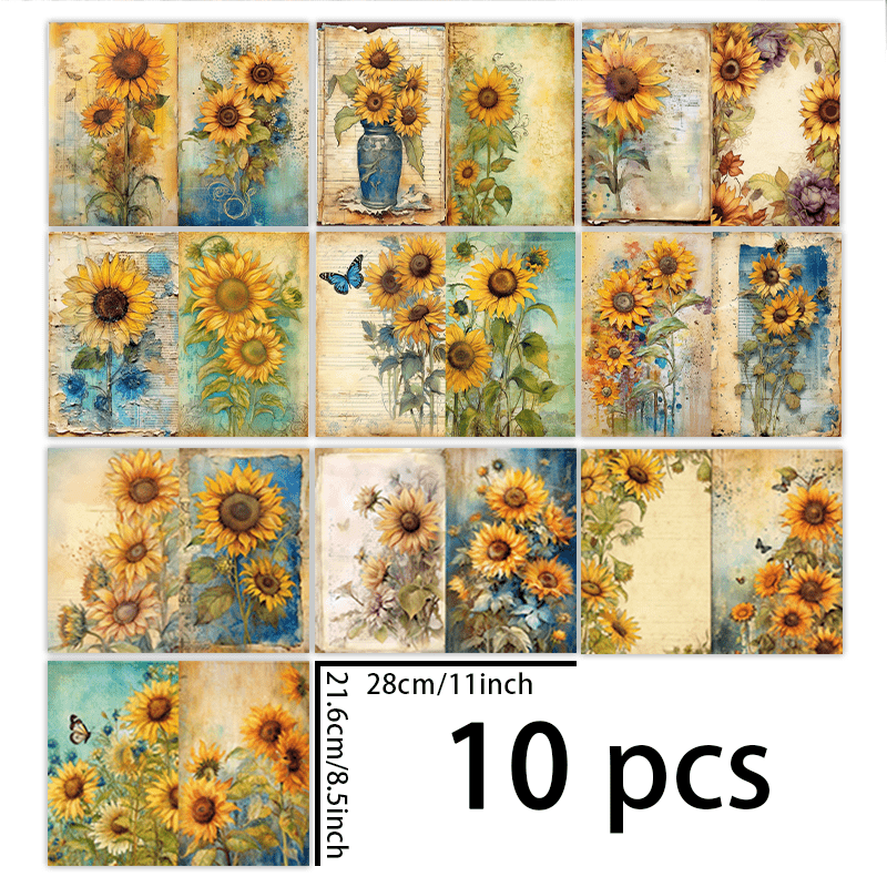 TEMU 1 Set Of 10 Sheets (11*8.5 Inches) Rustic Vase Sunflower Background Material For Journal, Junk Journal, Greeting Cards, Planner, Background Card