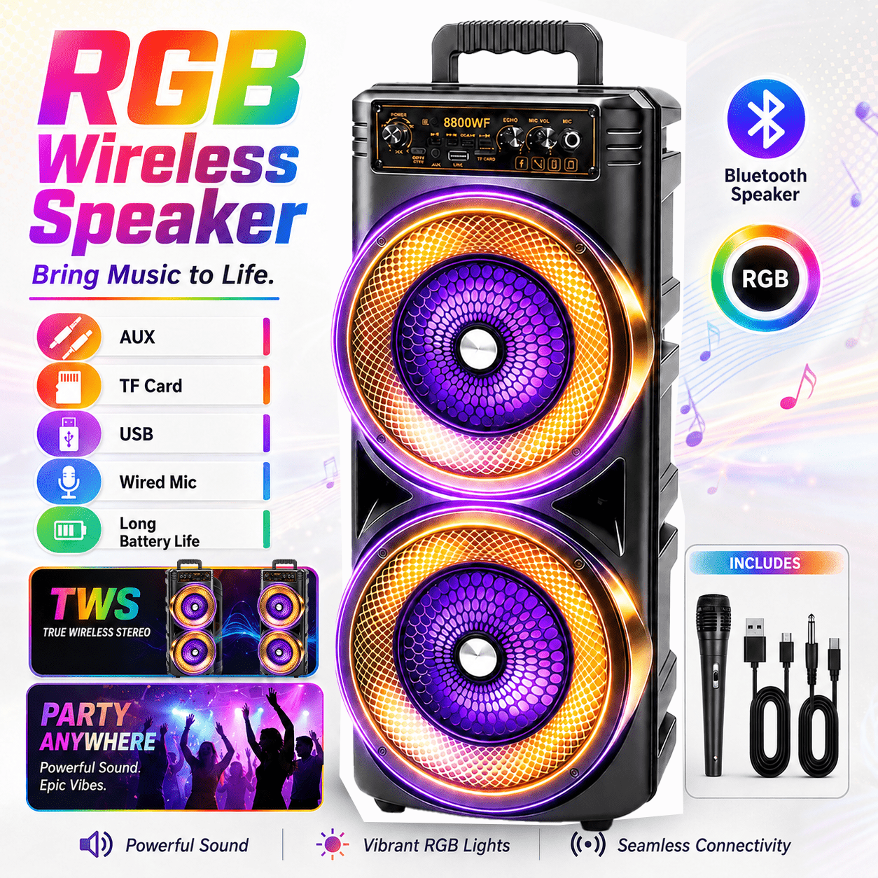 Portable Wireless Bluetooth Speaker, Bluetooth 6.0 Stereo Subwoofer, Led Light, Fm, Tws, Mic, Tf, Usb, Portable Outdoor Speaker For Party, Camping, Picnic, Holiday Gift Suitable For All Ages For