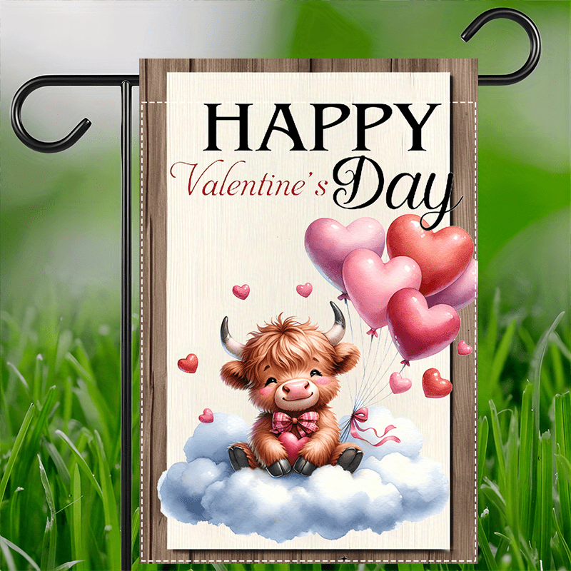 

1pc Happy Valentine's Day Garden Flag, Double-sided Polyester Burlap, Highland Cow With Balloons Design, Waterproof, No Electricity Needed, With 12x18 Inch For Outdoor & Indoor Decor