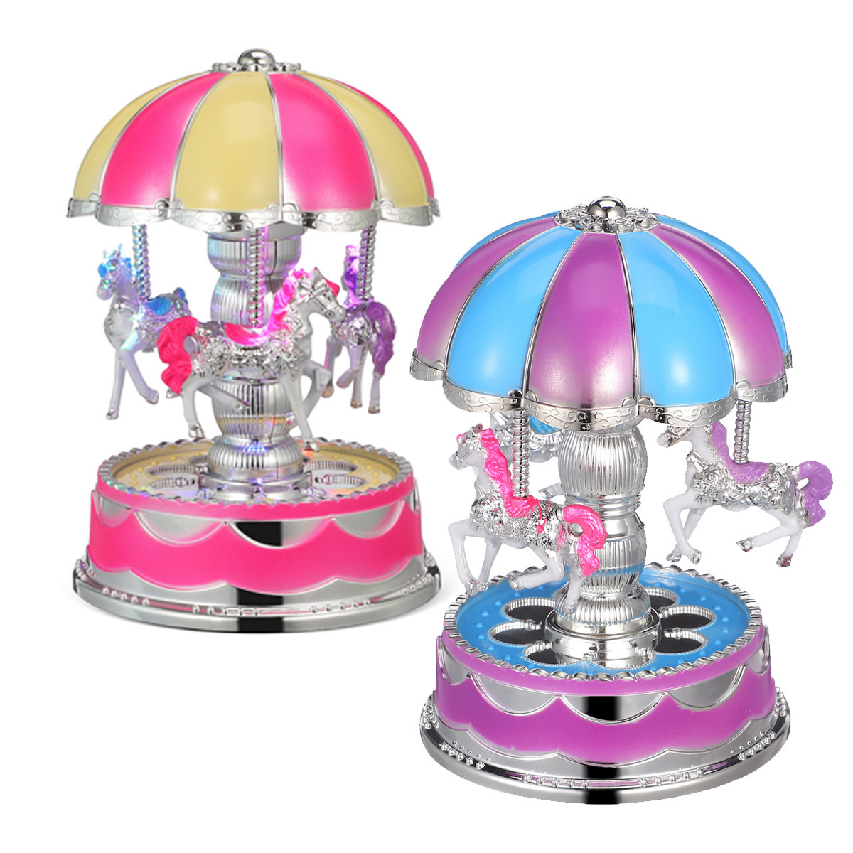 TEMU Set Of 2 Elegant Carousel Music Boxes - Classic Musical Decor Featuring 3d Spinning Horses | Manual - Stylish Tabletop Accent, No Power Required