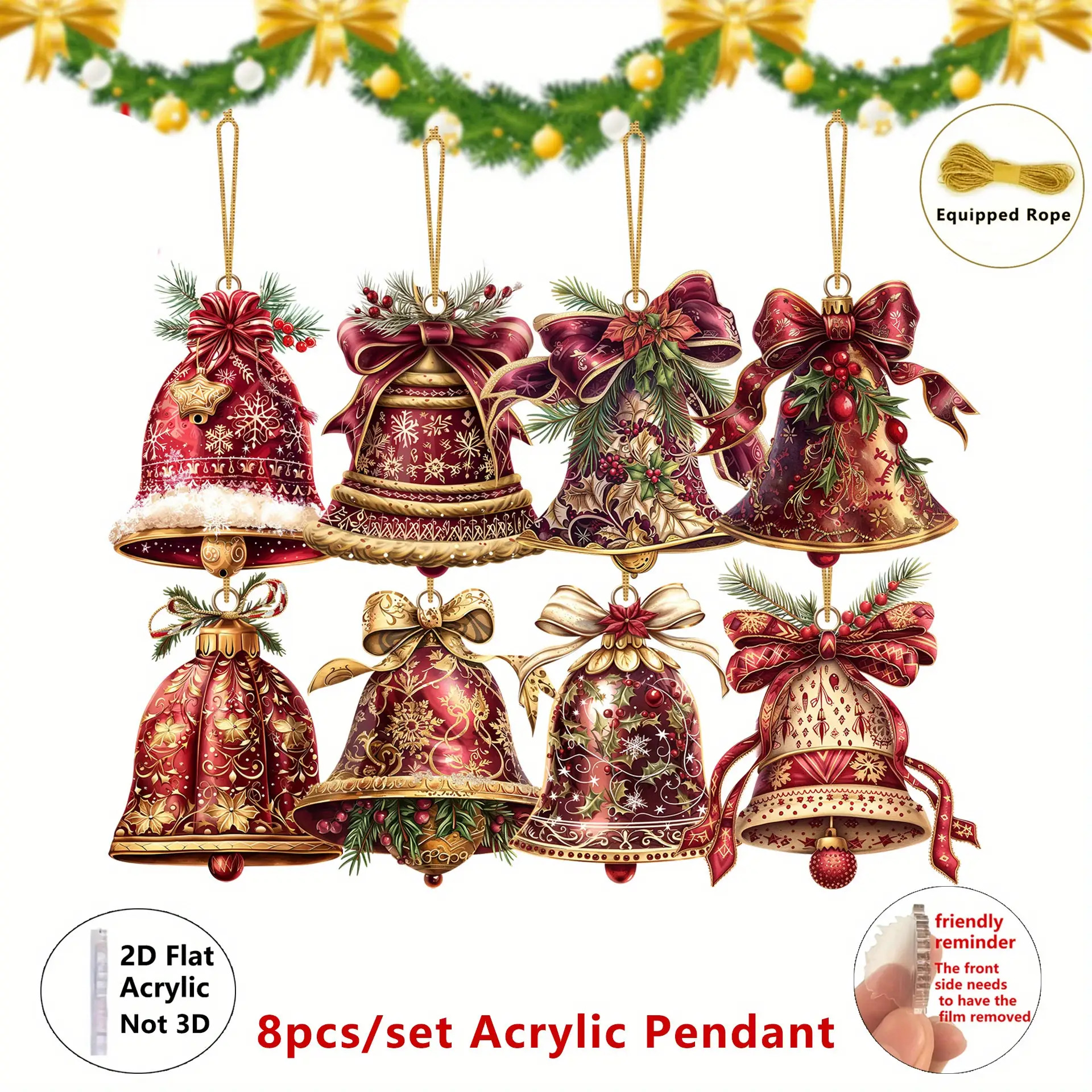 TEMU 2D Plat Design, een set van 8 Vintage Victoriaanse Kerstbel Acryl Ornamenten - Perfect voor Kerstfeestartikelen, Boommotieven, Vakantie Viering