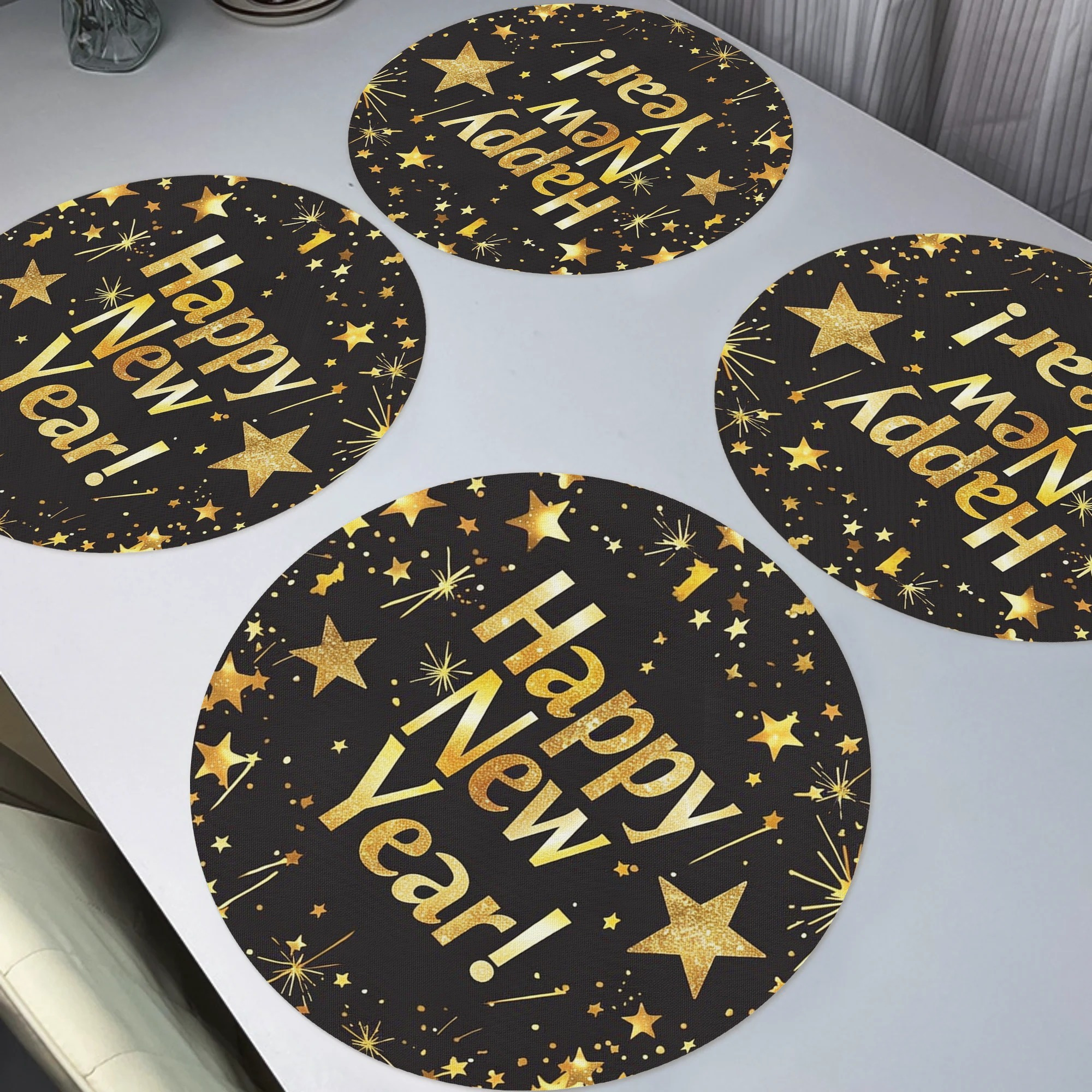 

4-pack Polyester Happy New Year Placemats, Non-slip Washable Round Table Mats For Home, Kitchen, Banquet, Party Dining Decor, 15