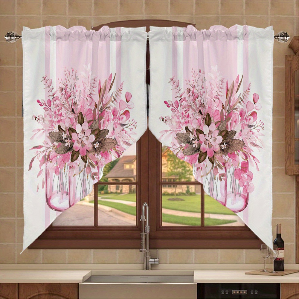 TEMU 2d Flat, 2pcs 2d Flat Printed Semi--filtering Decorative Curtains - 2pcs Polyester Machine Washable Triangle Curtains, Modern Minimalist Style