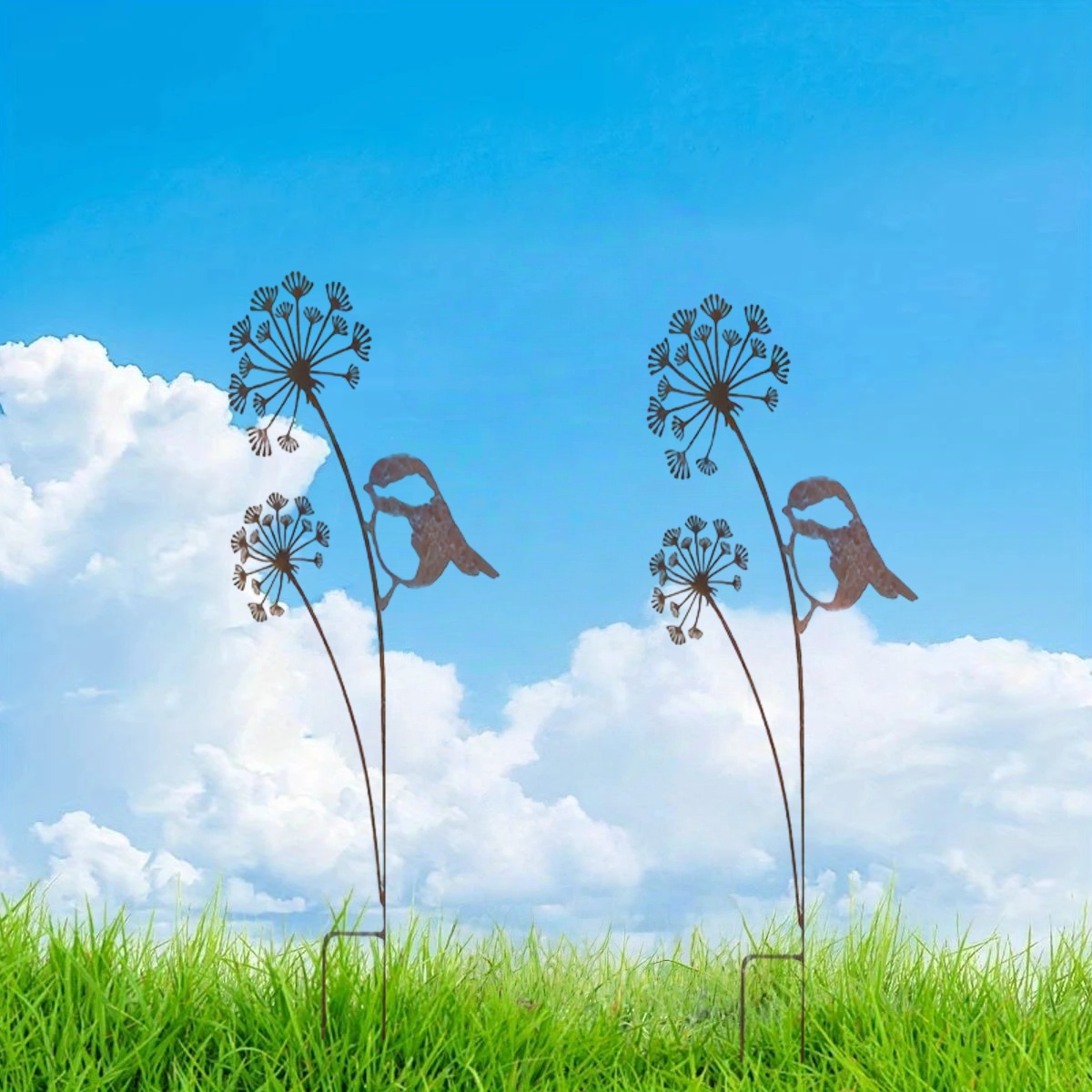 Image of 2d Flat - 【2d Flat】 2d Flat - [2d Flat] 1/2pcs Rusty Dandelion And Bird Metal Ground Insert, Suitable For Courtyard, Terrace, Garden, Outdoor Lawn Decoration, Natural Landscape Embellishment, 2d Plane