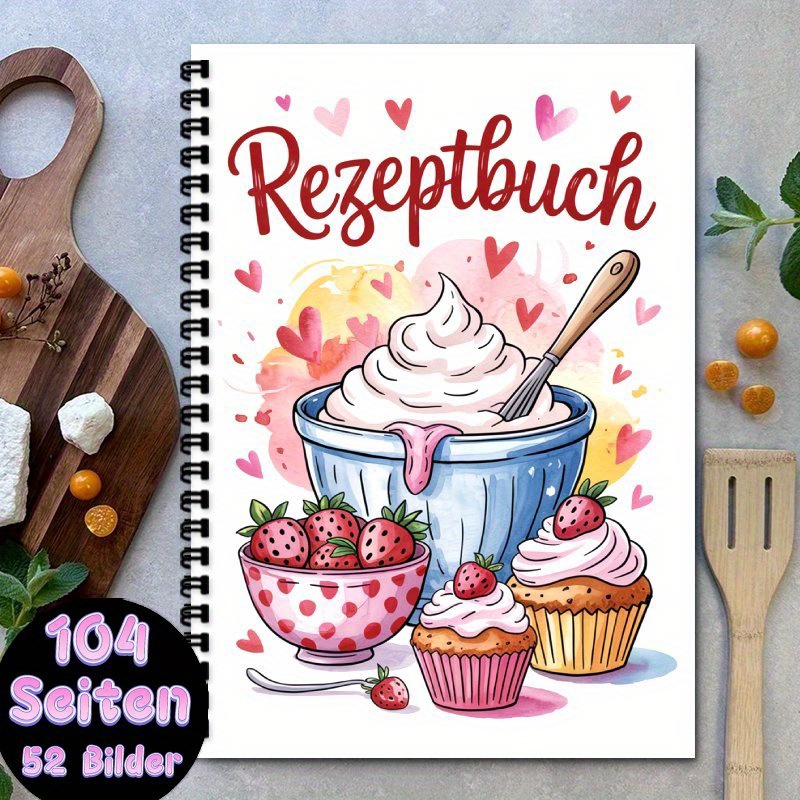 1pc Recipe Book With Language Cookbook - A5 Spiral Bound Notebook Suitable For , Holds 100 Recipes - Sweet Dessert Theme (cupcakes, Strawberries, Cream) + Recipe Column & Expense
