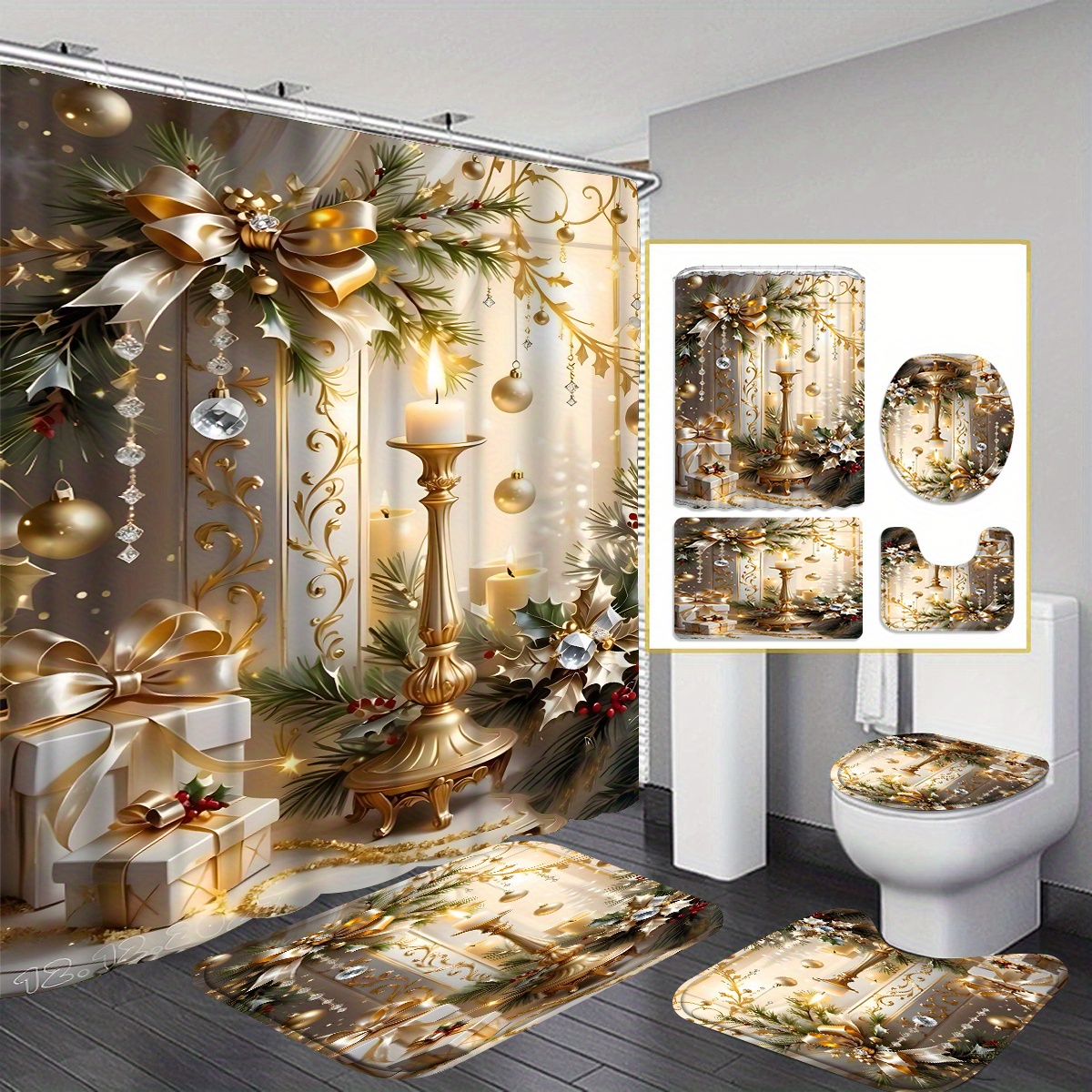 

4pcs Christmas Curtain Decoration, Housewarming Decoration, Shower Curtain & Mat 3 Set 12 Shower Curtain