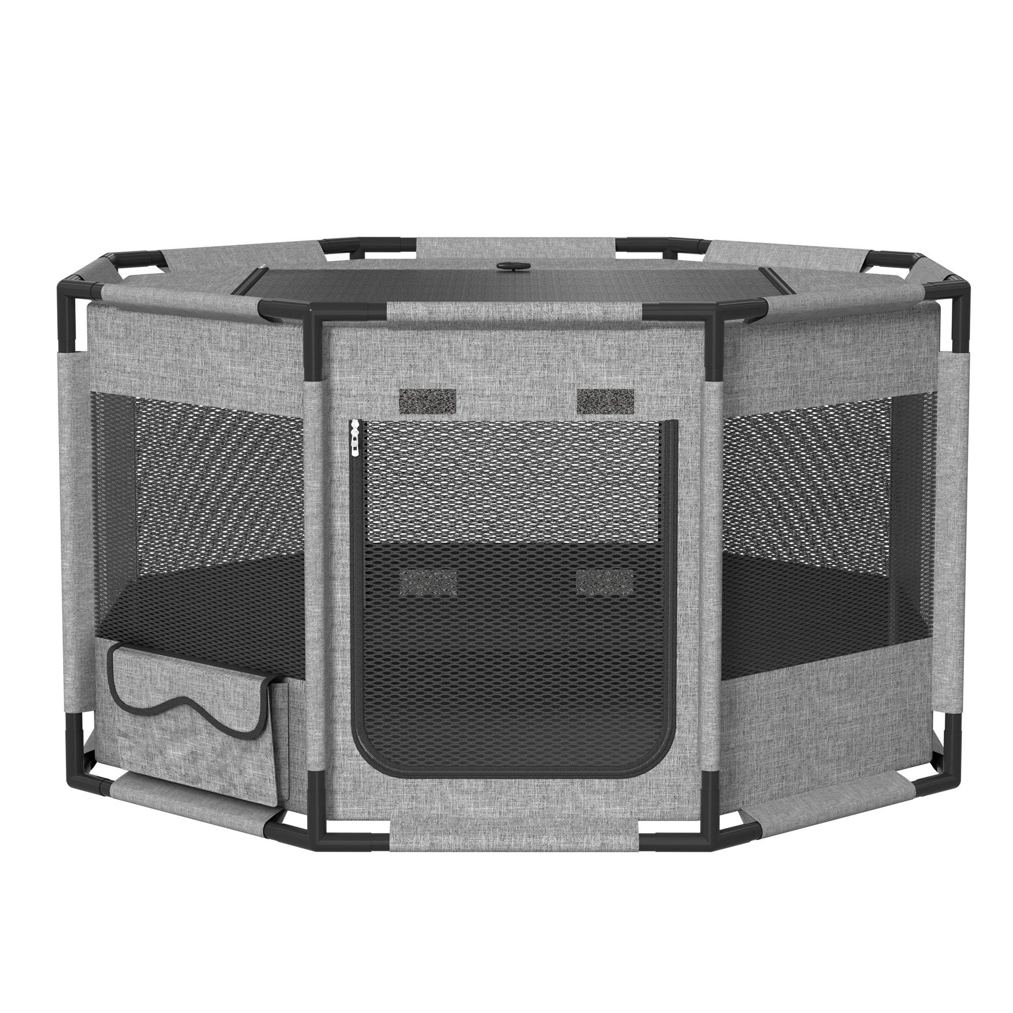 Gray Foldable Octagonal Dog Crate - Breathable Oxford Mesh Pet Furniture With Zippered Door & Side Pockets