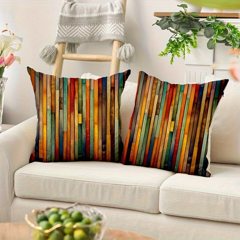 TEMU 2pcs Boho Plush Pillow Covers 18x18 Inch | Colorful Wooden Plank Design With Textured End, Hypoallergenic Polyester, Envelope Closure, Hand Wash