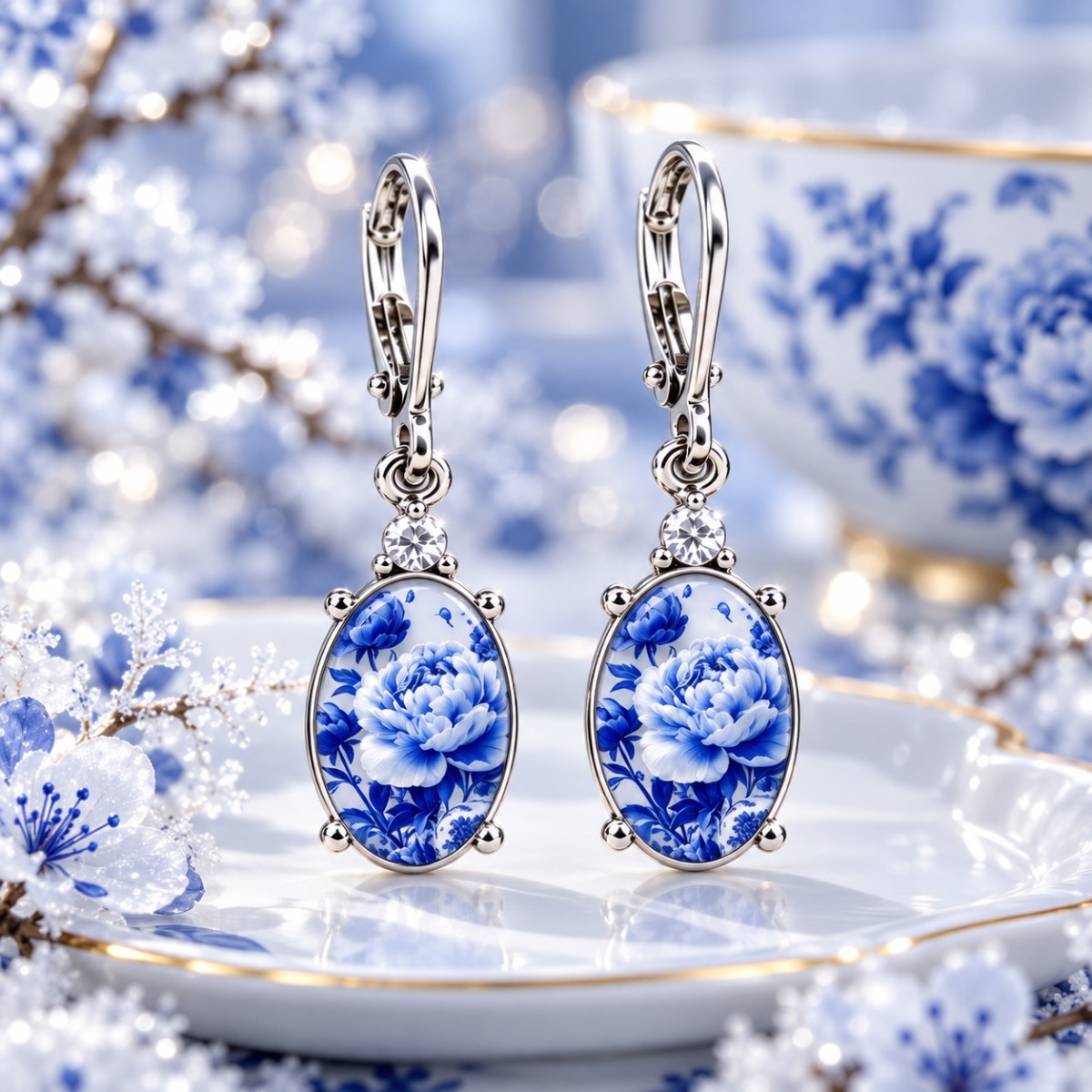 TEMU A Pair Of Women's Chinese Style Blue And White Porcelain Peony Oval Dangle Earrings, Vintage Blue Floral Drop Earrings With Secure Buckle,