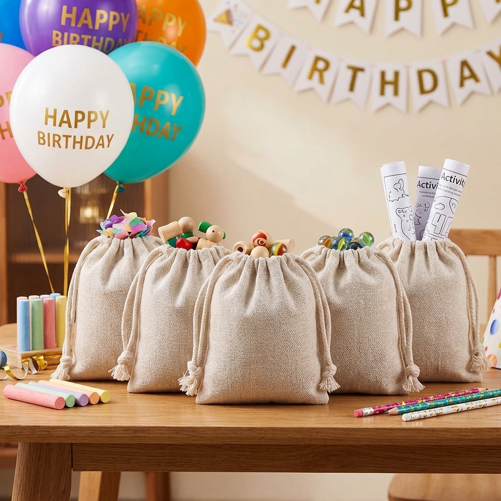 24pcs Beige Fabric Drawstring Pouch Set, Gift Bags
