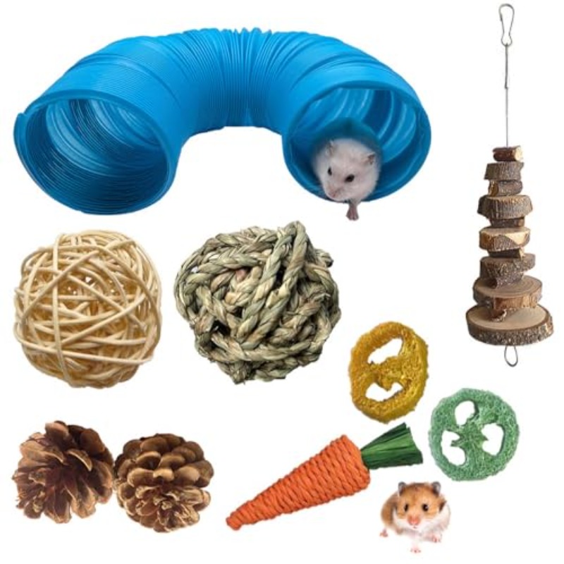 SUSOO 9pcs Set of Toys for Hamsters, Featuring Safe Natural Chew Items And an Expandable Play Tunnel, Designed for The Dental Care of Hedgehogs, Rats, Chinchillas, And Guinea Pigs, Perfect for Foraging in Small Animal Cages - Image 6
