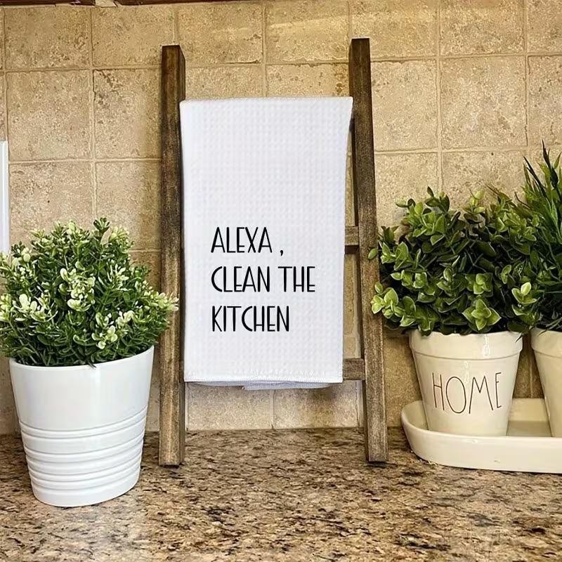 1pc Funny ", Clean The Kitchen" Cartoon Striped Kitchen Towel - White Polyester, Black Text, Machine Washable, Perfect Thanksgiving Housewarming Or Hostess Gift\kitchen Decor And Additions