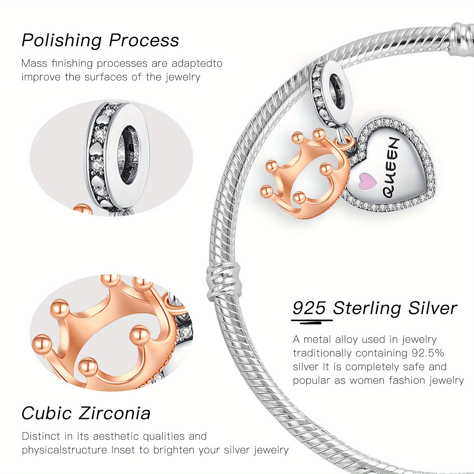 Fashion 925 Sterling Silver Crown & Heart Dangle Bead Pendant