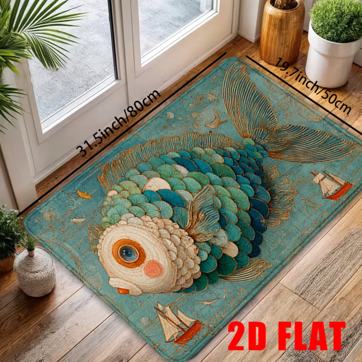 TEMU Tapis de bain antidérapant en flanelle, 1 pièce, plat 2D, avec un grand poisson vintage à écailles détaillées et à accents orange, entouré de